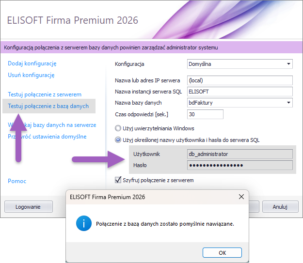 Okno dodawania użytkownika serwera bazy danych w programie ELISOFT