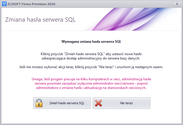 Komunikat programu ELISOFT o wymaganej zmianie hasła serwera SQL