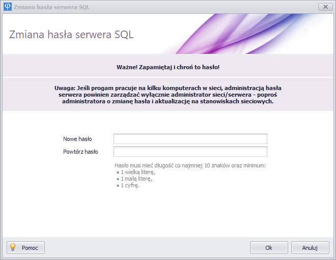 Okno ustawiania nowego hasła serwera SQL w programie ELISOFT