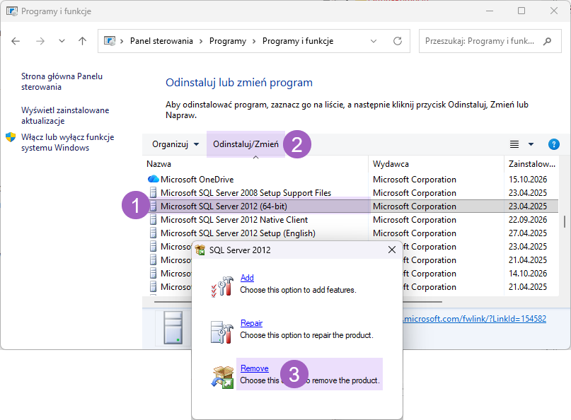 Programy i funkcje z zaznaczonym Microsoft SQL Server oraz poleceniami Odinstaluj/Zmień i Remove