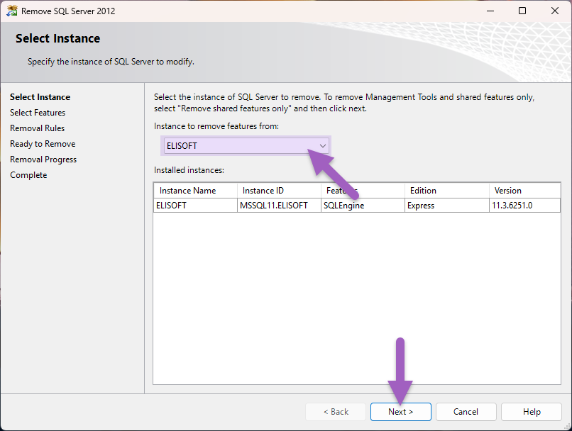 Kreator usuwania SQL Server z wybraną instancją ELISOFT