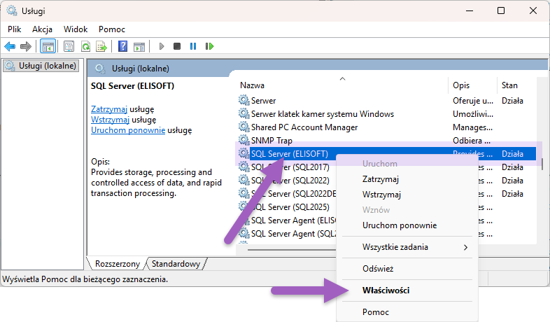 Lista usług systemu Windows z zaznaczoną usługą SQL Server (ELISOFT) i poleceniem Właściwości