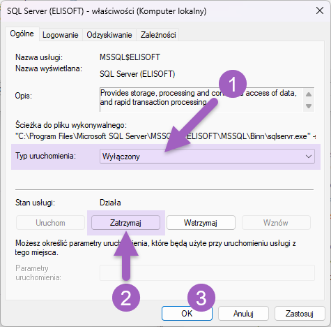 Właściwości usługi SQL Server (ELISOFT) z zaznaczonym typem uruchomienia Wyłączony i przyciskiem Zatrzymaj